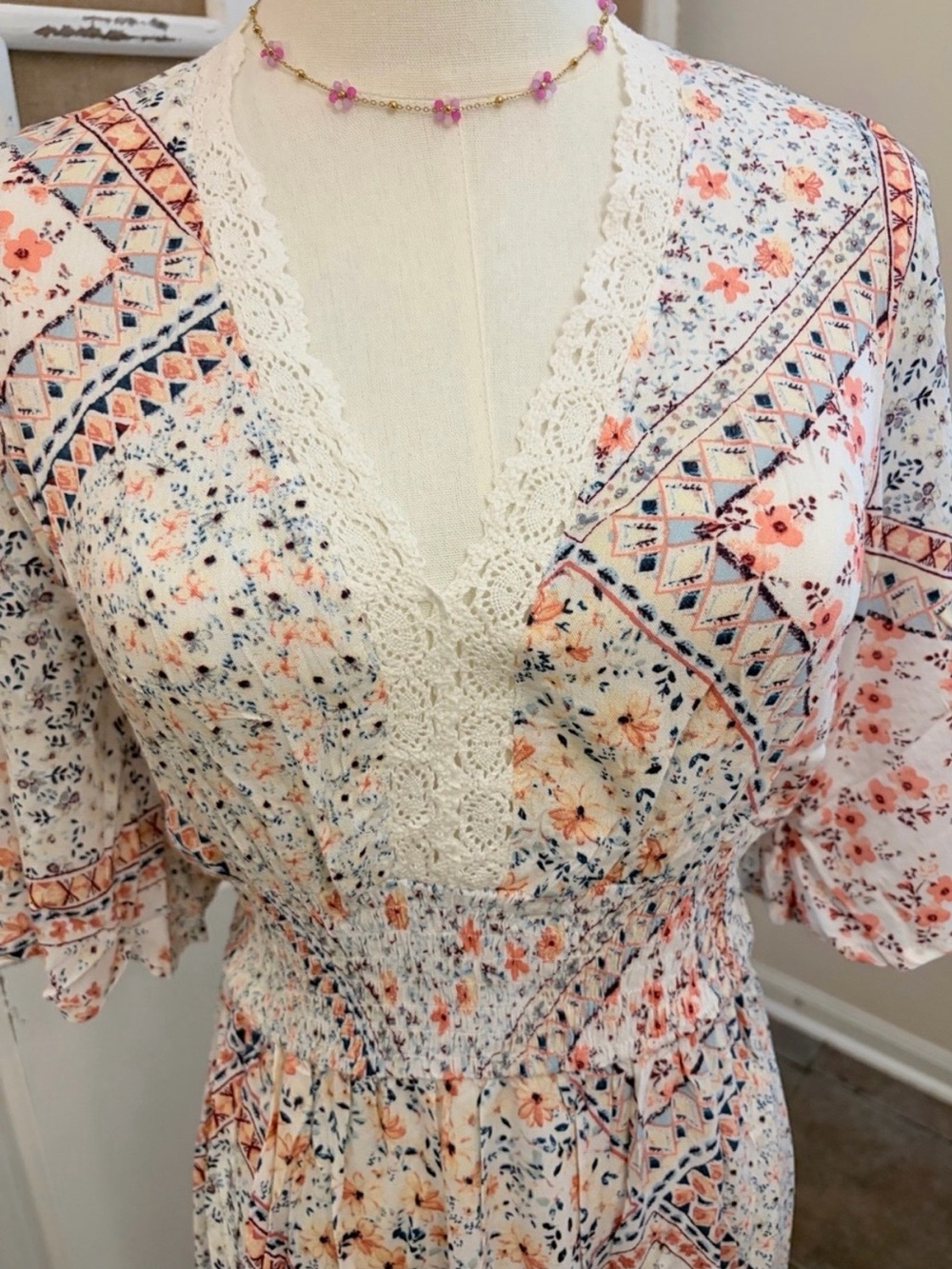 Timing NWOT Boho Floral Maxi Dress Lace Trim Smocked Waist Large